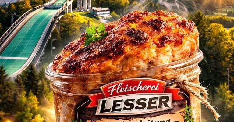 Fleischkäs-Vorspeise vor einer Skisprungschanze und einem Bergpanorama, mit Backanleitung 160° Grad 40 Min
