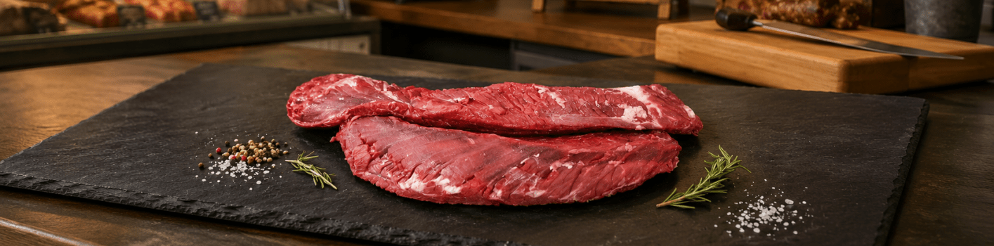 Rohes Rindersteak mit Pfefferkörnern und Rosmarin auf einem Schieferbrett