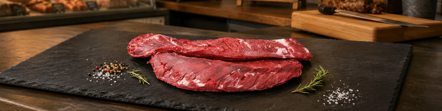 Rohes Rindersteak mit Pfefferkörnern und Rosmarin auf einem Schieferbrett